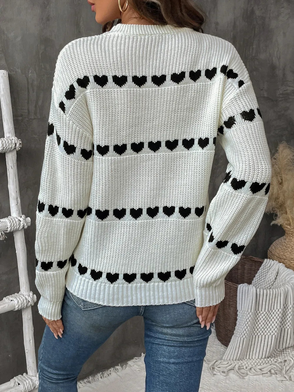 Heart Round Neck Long Sleeve Sweater