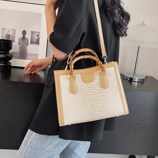 High Quality Leather Shoulder Bag For Women Luxury Alligator Handbag Designer Women Bag Retro Bamboo Handle Tote Bag Female
