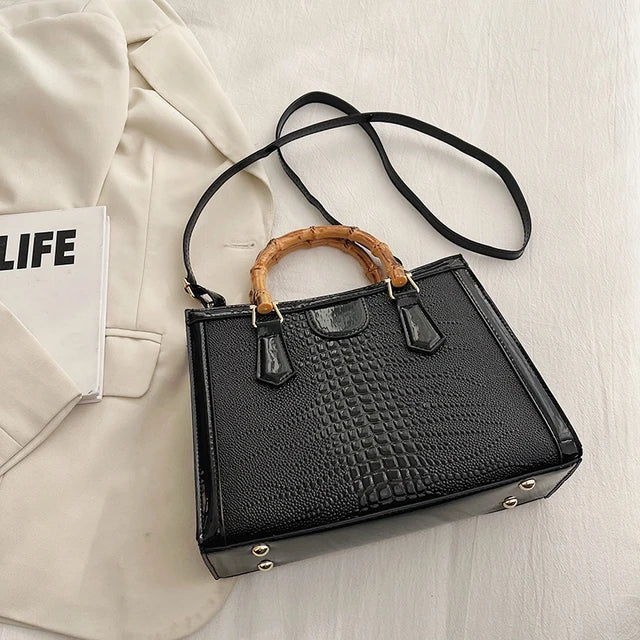 High Quality Leather Shoulder Bag For Women Luxury Alligator Handbag Designer Women Bag Retro Bamboo Handle Tote Bag Female