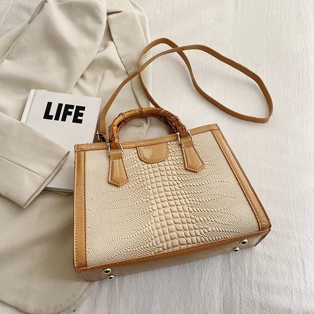 High Quality Leather Shoulder Bag For Women Luxury Alligator Handbag Designer Women Bag Retro Bamboo Handle Tote Bag Female