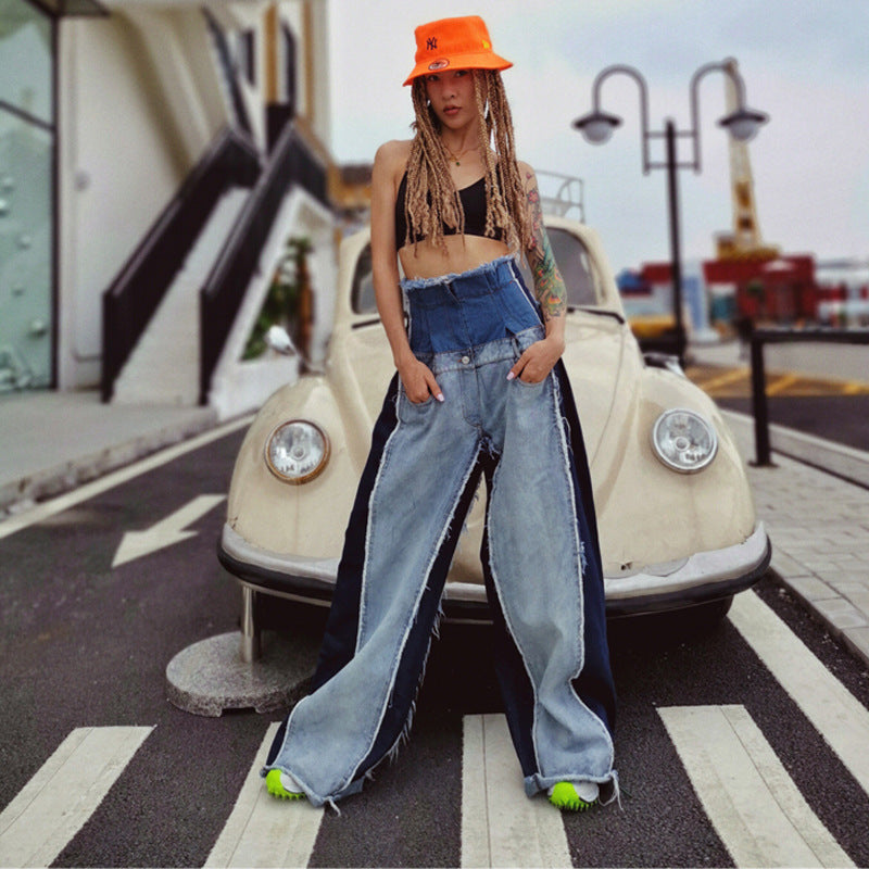 High waisted loose slimming color blocked long flared pants and floor pants
