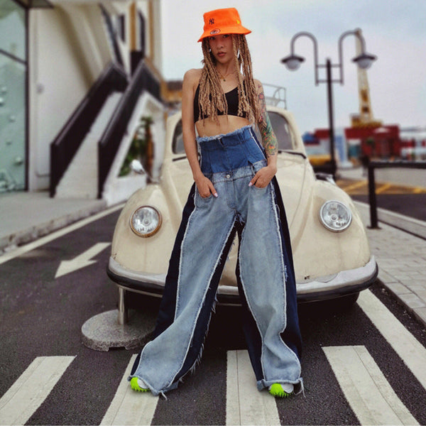 High waisted loose slimming color blocked long flared pants and floor pants