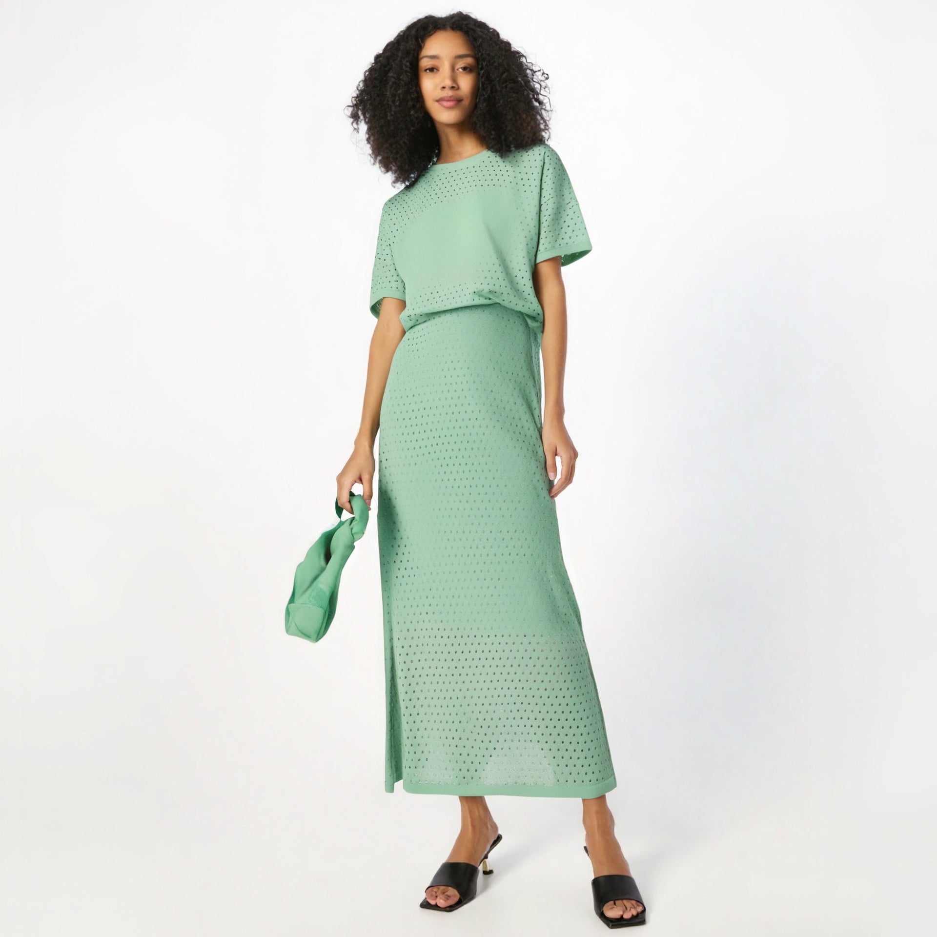 Hollow out short sleeved knitted top half skirt two-piece set women's solid color casual set