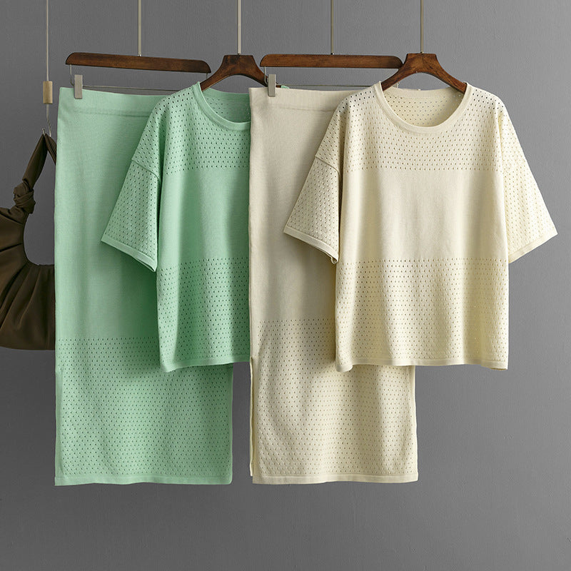 Hollow out short sleeved knitted top half skirt two-piece set women's solid color casual set