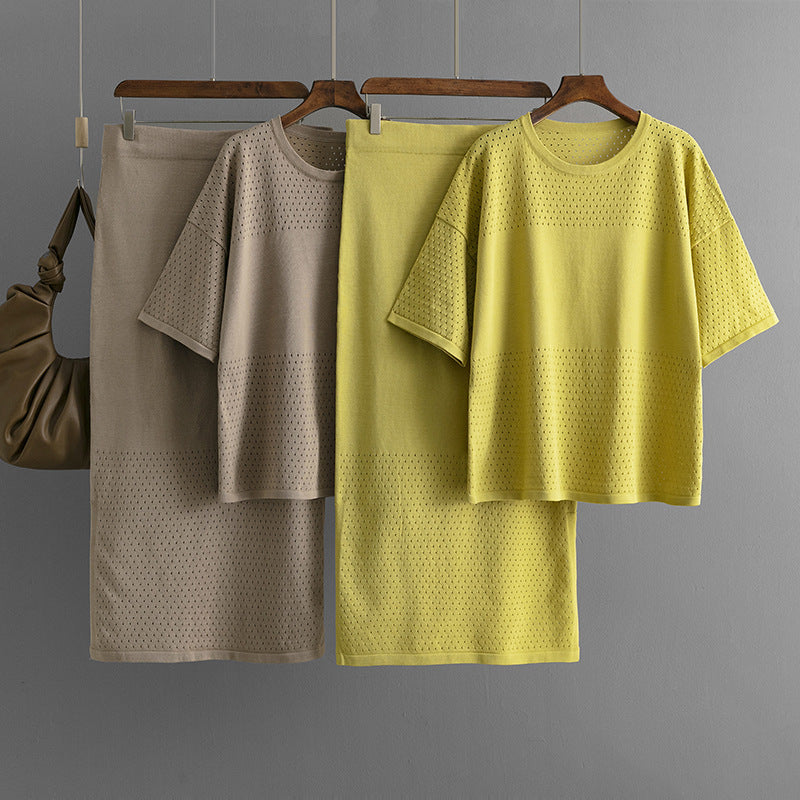 Hollow out short sleeved knitted top half skirt two-piece set women's solid color casual set