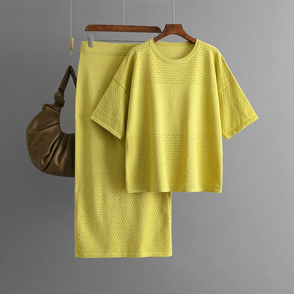 Hollow out short sleeved knitted top half skirt two-piece set women's solid color casual set
