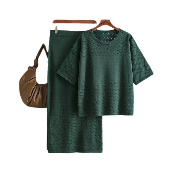 Hollow out short sleeved knitted top half skirt two-piece set women's solid color casual set