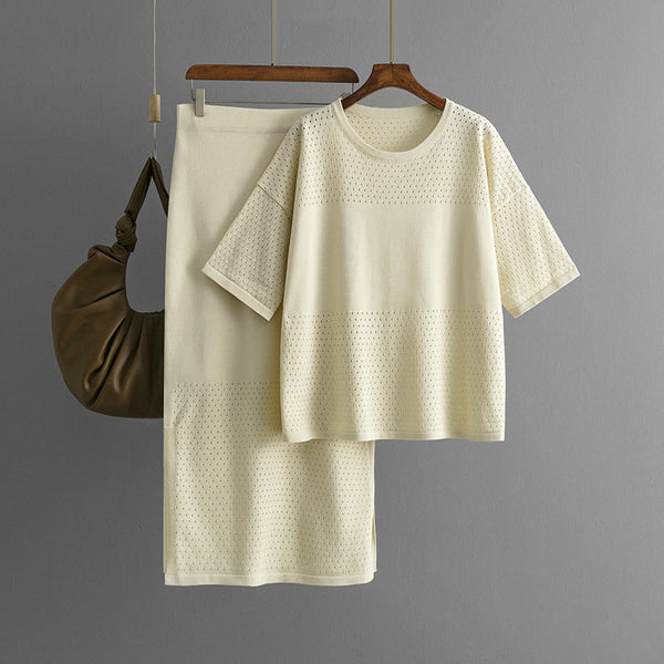 Hollow out short sleeved knitted top half skirt two-piece set women's solid color casual set
