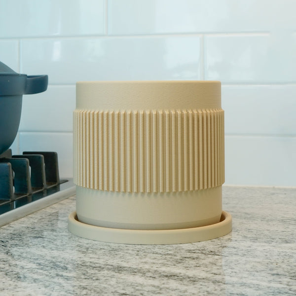 Half Mid-Century Ribbed Planter with Drainage and Saucer