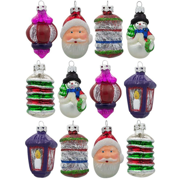 Set of 12 Santa, Snowman and Lantern Christmas Glass Ornaments 2.5 Inches