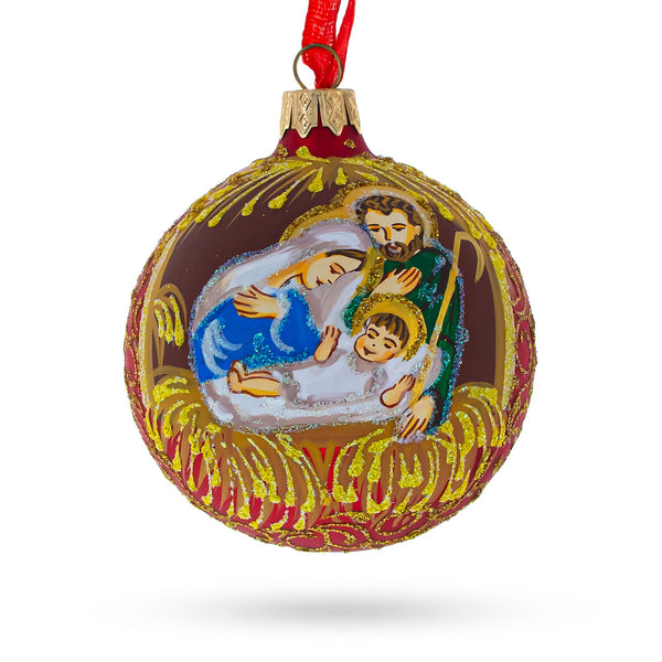 Holy Family Admires Jesus Nativity Scene Glass Ball Christmas Ornament 3.25 Inches