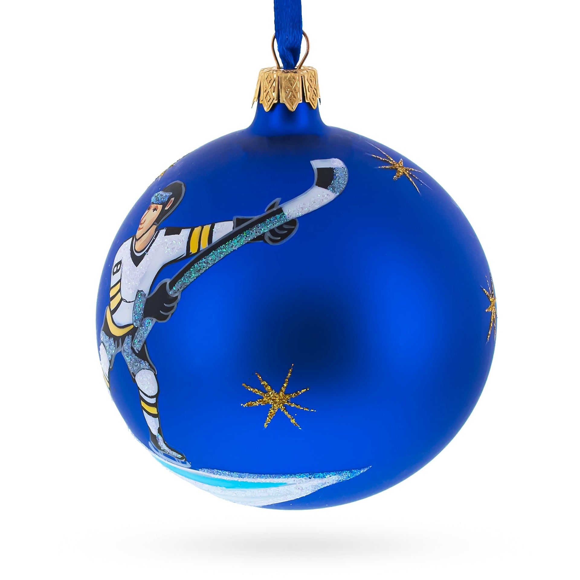 Hockey Player in Action on Blue Glass Ball Christmas Sports Ornament 4 Inches