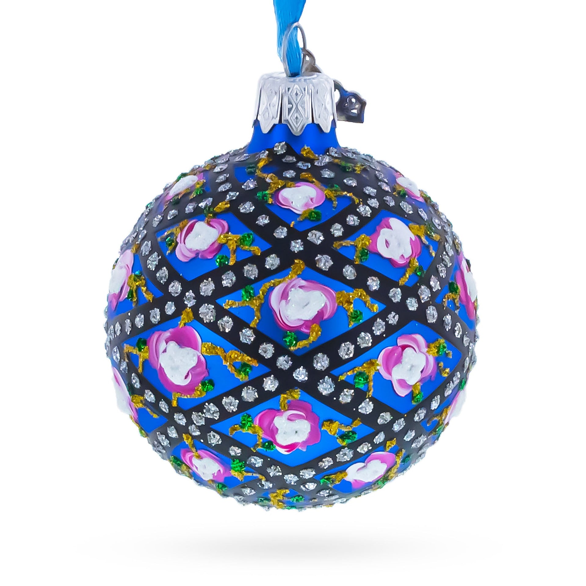 1907 Rose Trellis Royal Green Glass Ball Christmas Ornament 2.4 Inches