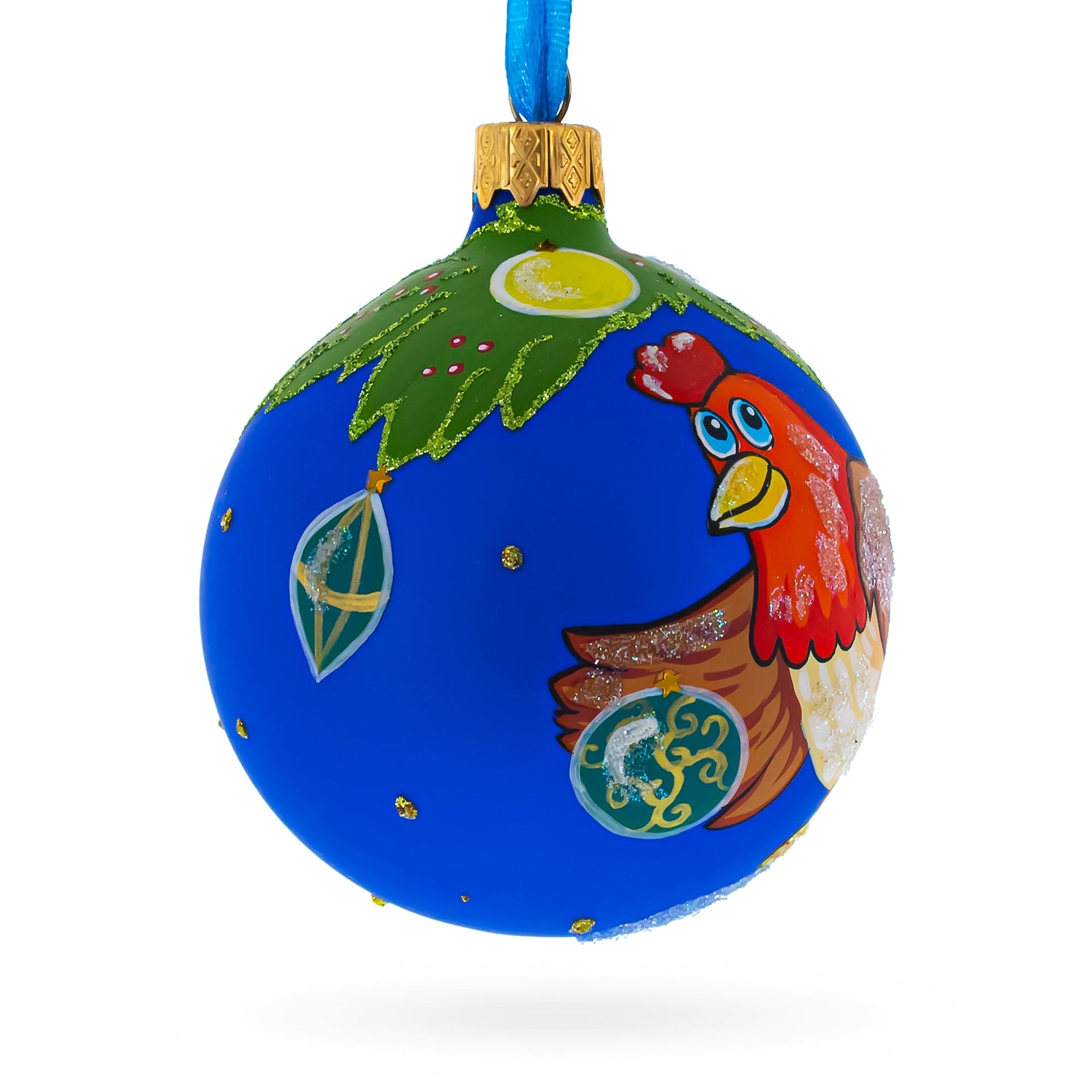 Hen Decorating the Tree Glass Christmas Ornament 3.25 Inches