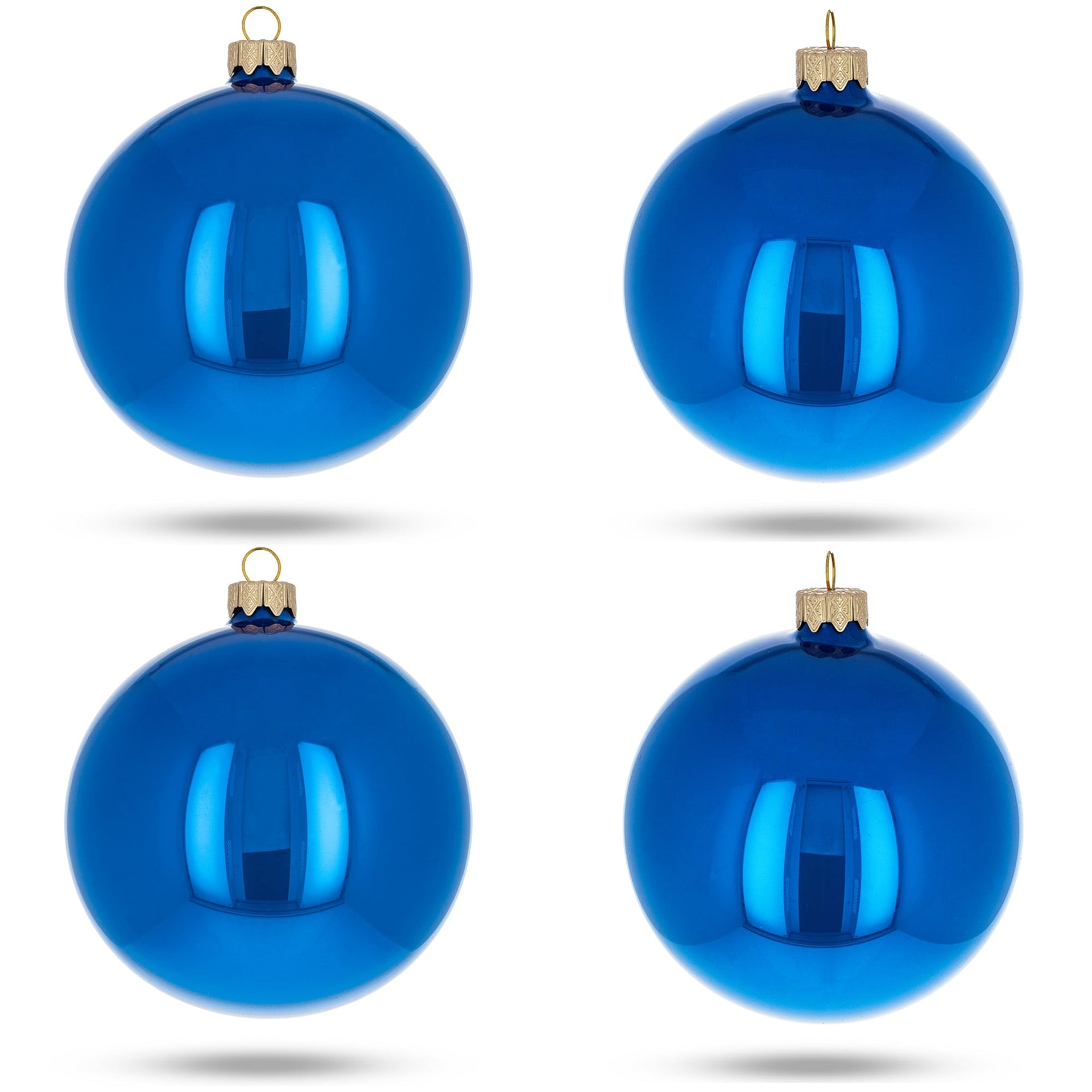 Set of 4 Glossy Blue Glass Ball Christmas Ornaments 4 Inches