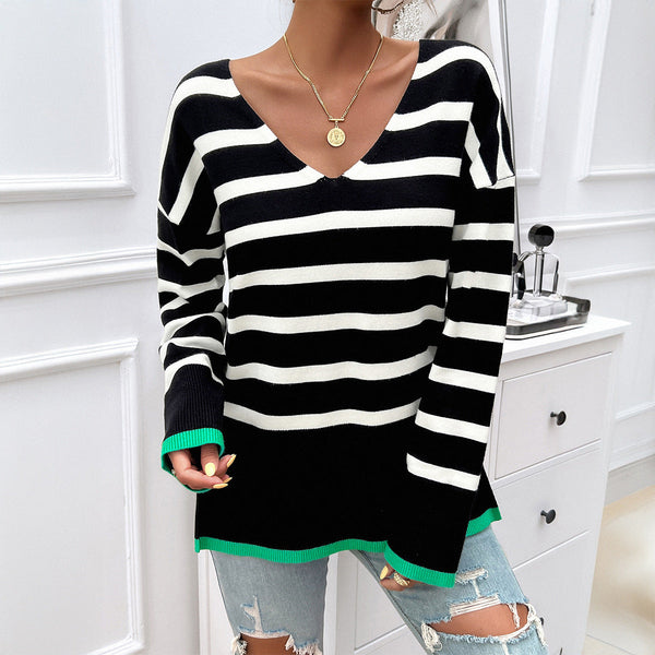 Leisure vacation style contrasting striped long sleeved sweater
