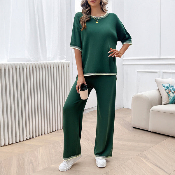 Leisure vacation style simple short sleeved women's straight pants set