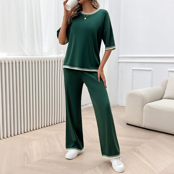 Leisure vacation style simple short sleeved women's straight pants set
