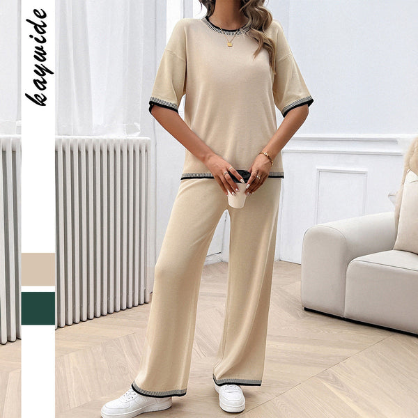 Leisure vacation style simple short sleeved women's straight pants set
