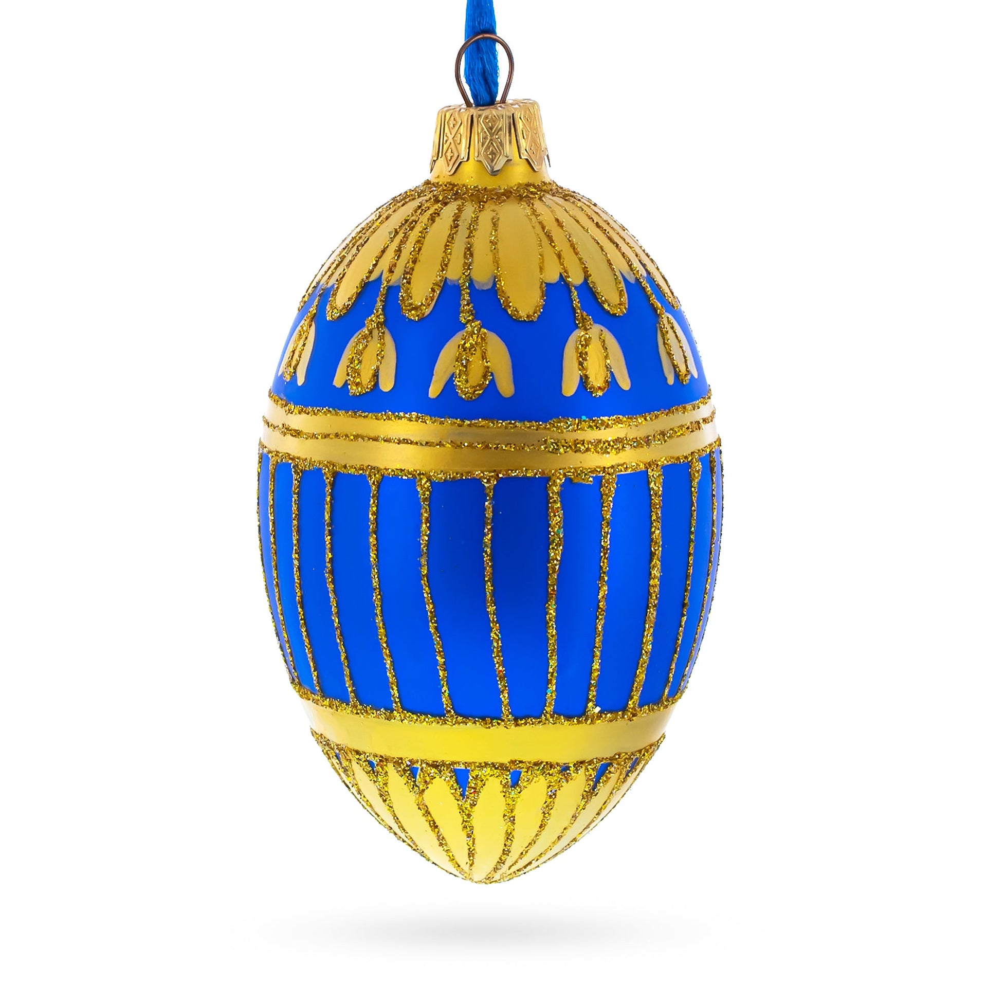 1885 Blue Enamel Ribbed Royal Egg Glass Ornament 4 Inches