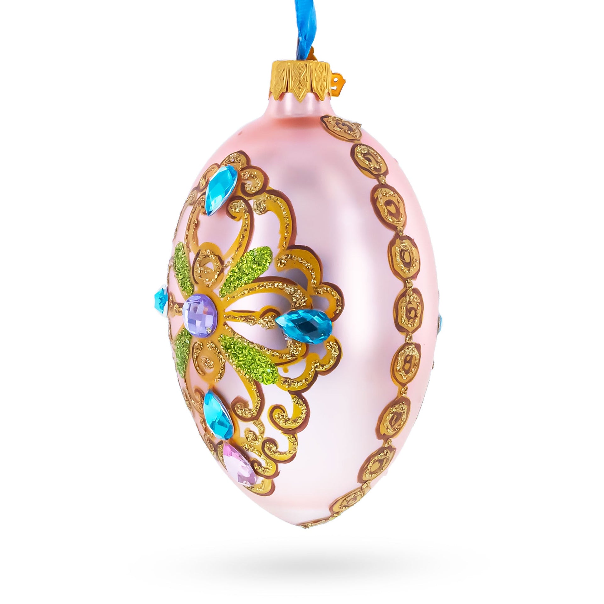 Italian Fashion House Jeweled Cross Glass Egg Christmas Ornament 4 Inches