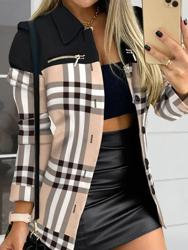 Long sleeved button color blocked printed lapel commuter suit for women