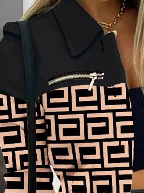 Long sleeved button color blocked printed lapel commuter suit for women