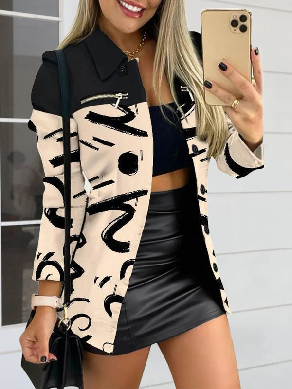 Long sleeved button color blocked printed lapel commuter suit for women