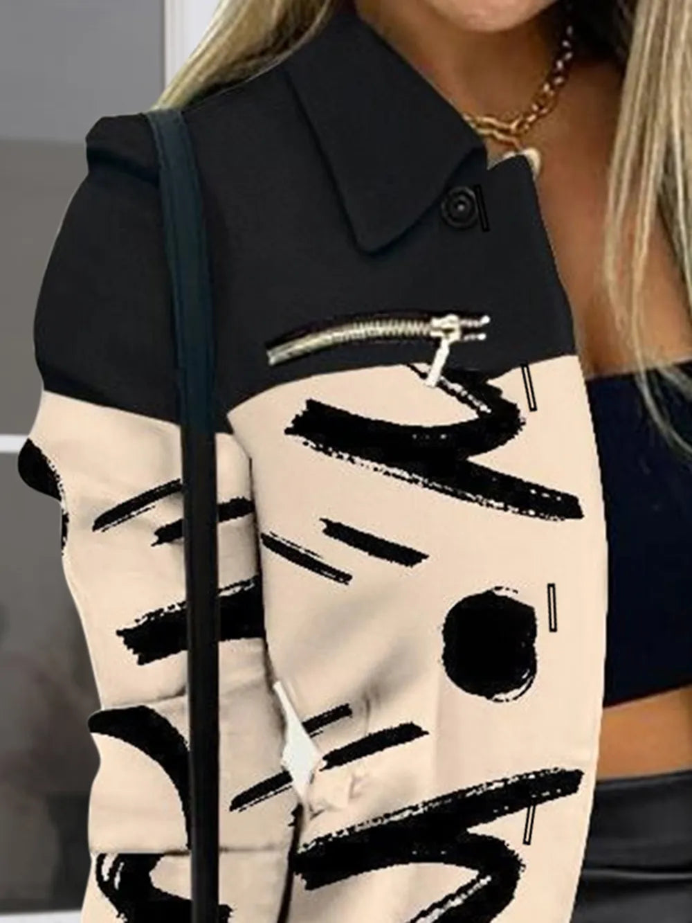 Long sleeved button color blocked printed lapel commuter suit for women