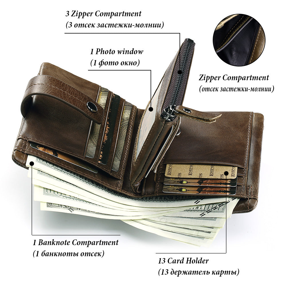 Men's Bag Zipper Buckle Multi-Card First Layer Cowhide Coin Purse Short Leather Men's Wallet