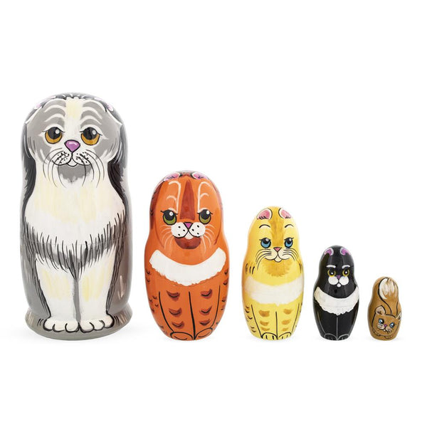 Set of 5 Cats Family Wooden Nesting Dolls 6 Inches