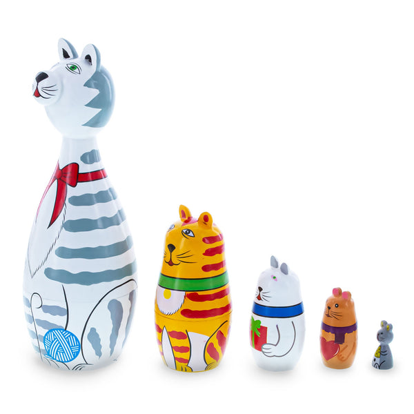Four Cats and Mouse Wooden Nesting Dolls 7 Inches