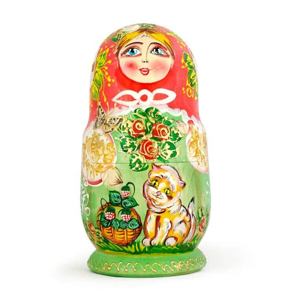 Set of 5 Girls with Cats Wooden Nesting Dolls 6.5 Inches