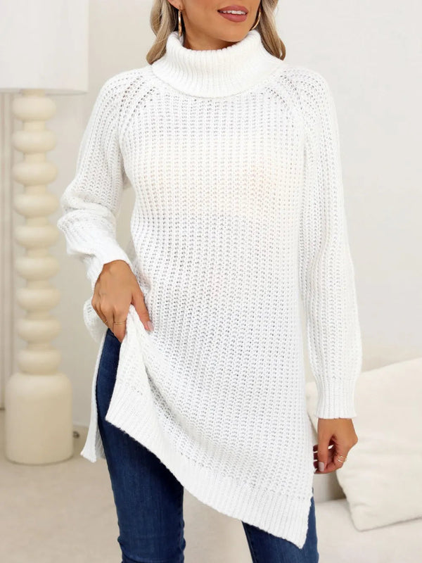 New autumn and winter thick sweater high neck simple slit dress