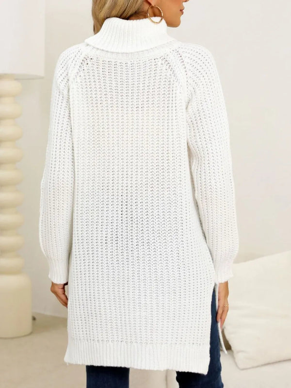 New autumn and winter thick sweater high neck simple slit dress