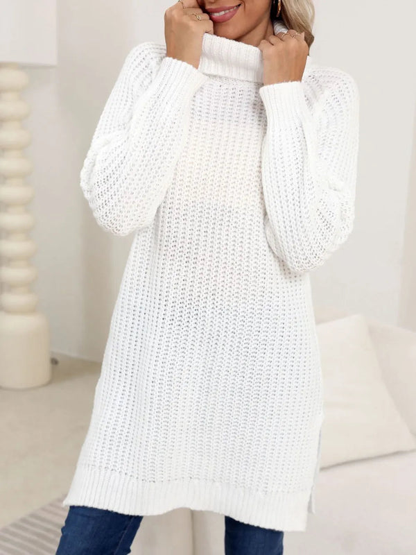 New autumn and winter thick sweater high neck simple slit dress