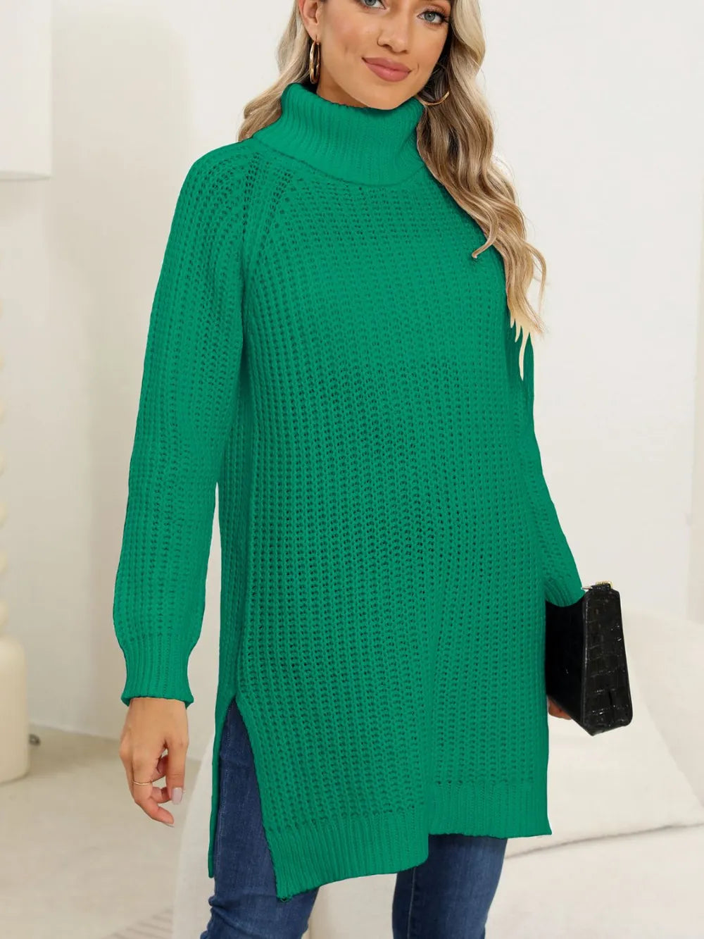 New autumn and winter thick sweater high neck simple slit dress
