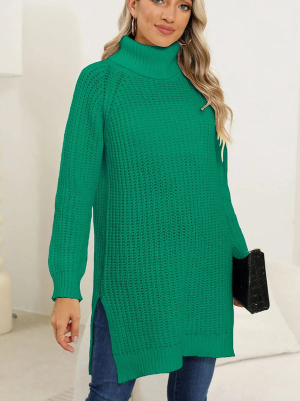 New autumn and winter thick sweater high neck simple slit dress