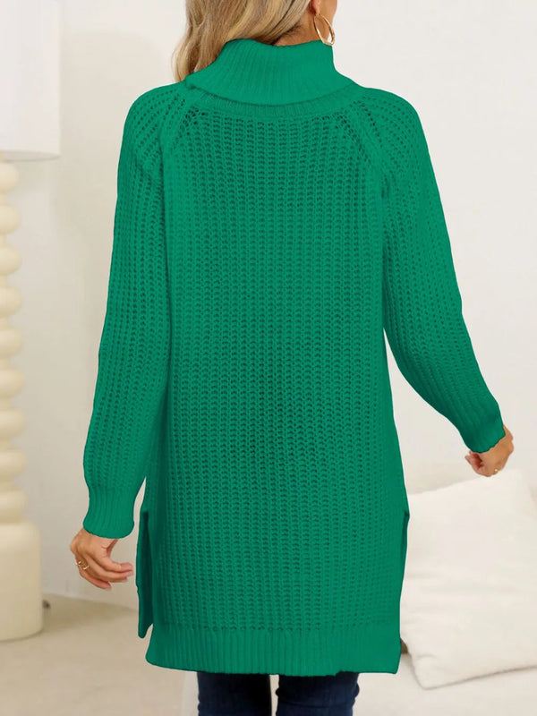 New autumn and winter thick sweater high neck simple slit dress