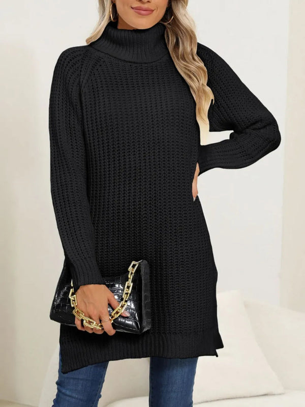 New autumn and winter thick sweater high neck simple slit dress