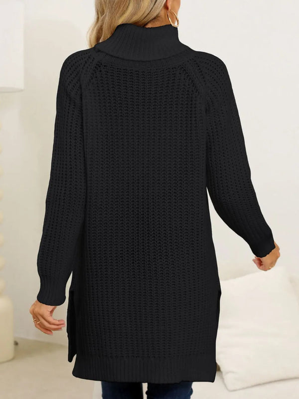 New autumn and winter thick sweater high neck simple slit dress
