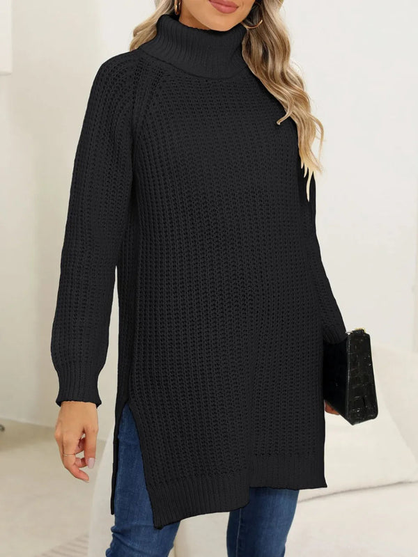 New autumn and winter thick sweater high neck simple slit dress