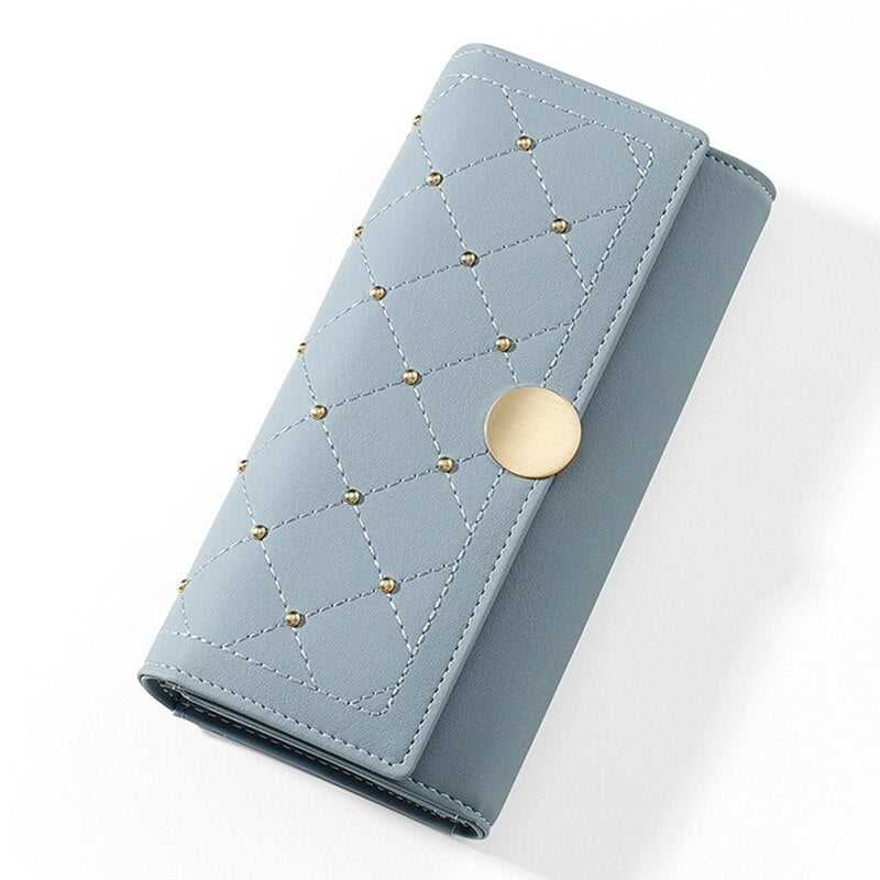 NEW Designer Rivet Button Trifold Long Wallet Women Big Capacity Female Wallets Thread Female Ladies Purse Phone Pocket Clutches