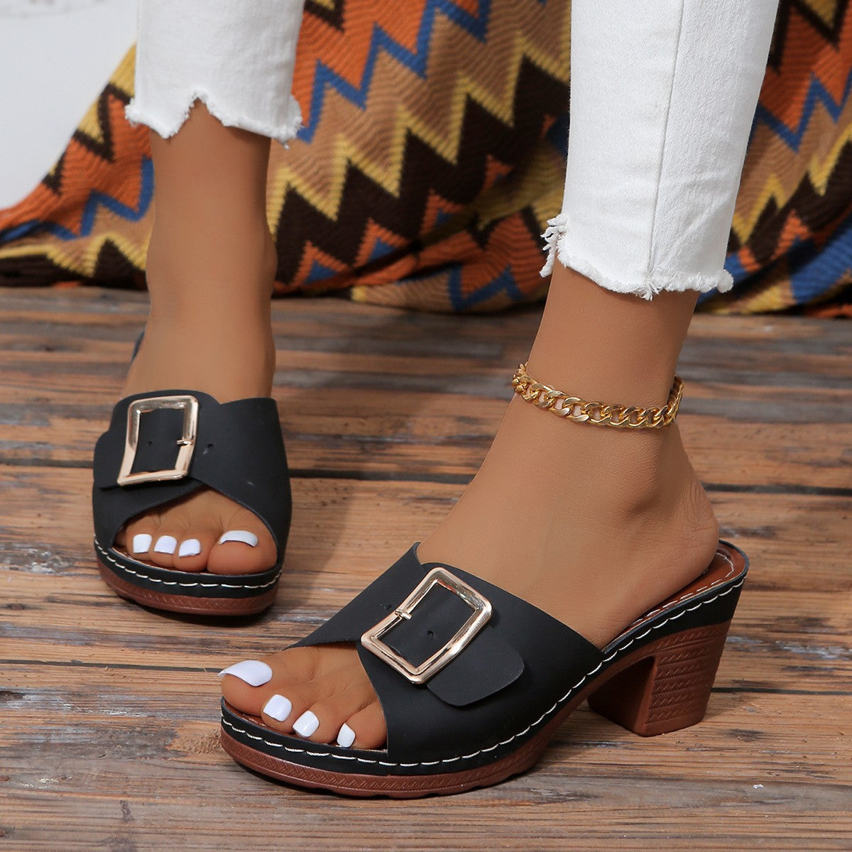 Open Toe Block Heel Buckle Sandals