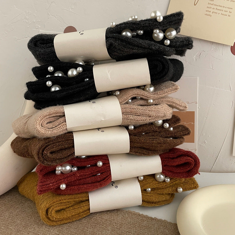 Personalized Korean style fashionable rivet bead pile socks autumn and winter thick warm rabbit wool mid tube socks for children