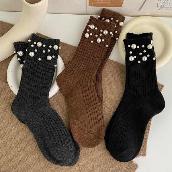 Personalized Korean style fashionable rivet bead pile socks autumn and winter thick warm rabbit wool mid tube socks for children