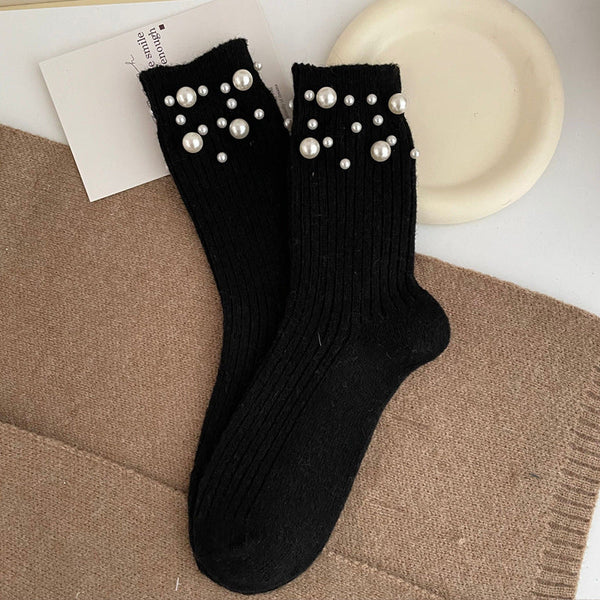 Personalized Korean style fashionable rivet bead pile socks autumn and winter thick warm rabbit wool mid tube socks for children