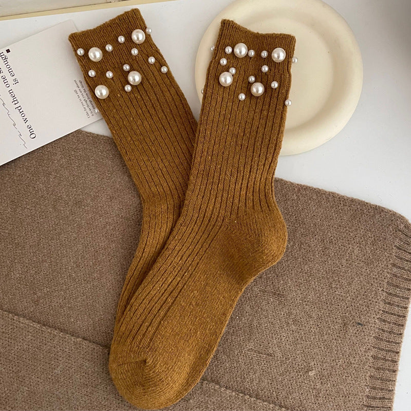 Personalized Korean style fashionable rivet bead pile socks autumn and winter thick warm rabbit wool mid tube socks for children