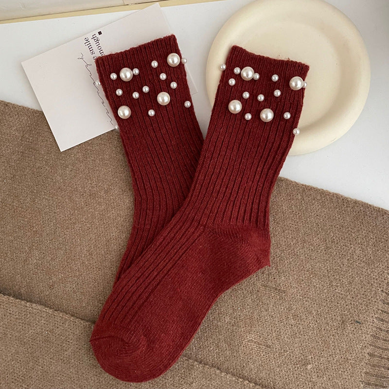Personalized Korean style fashionable rivet bead pile socks autumn and winter thick warm rabbit wool mid tube socks for children