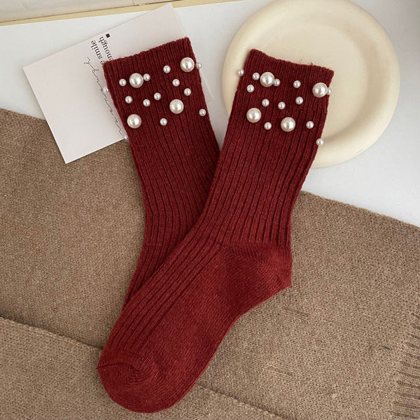Personalized Korean style fashionable rivet bead pile socks autumn and winter thick warm rabbit wool mid tube socks for children